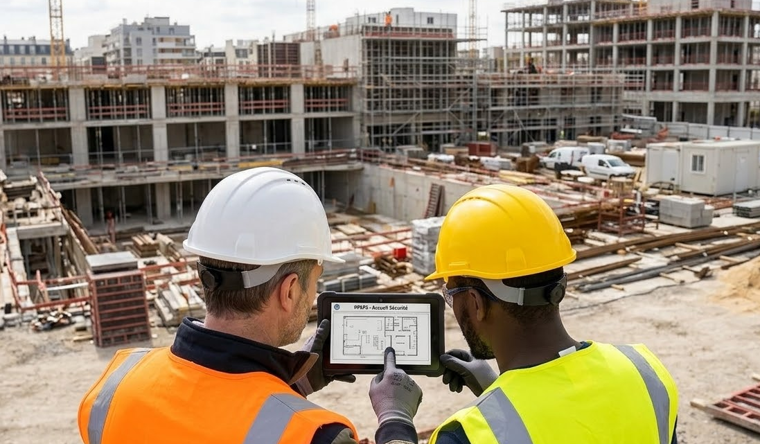 Un chef de chantier présente le PPSPS sur une tablette à un intérimaire lors de son accueil sécurité sur un chantier BTP.