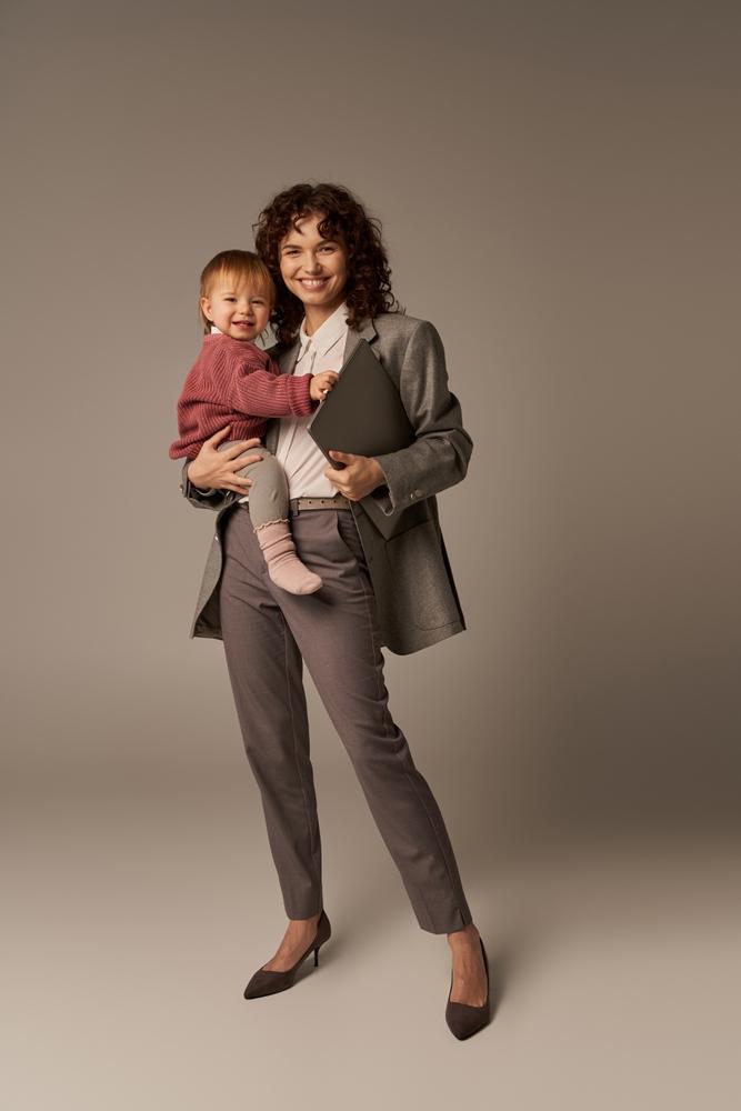 Professional,Aspirations,,Work,Life,Harmony,,Happy,Working,Mother,Holding,Laptop