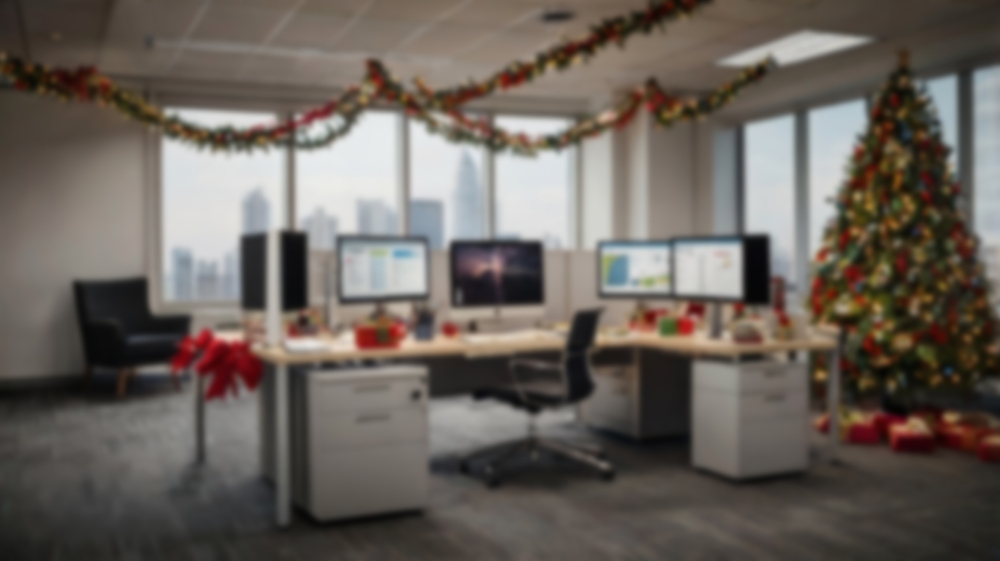 Modern,Office,Workspace,Decorated,With,Festive,Garlands,And,A,Tall